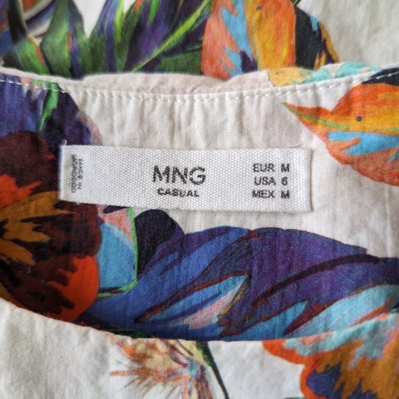 Mango Tropical Print Ruffle Cap Sleeve Cotton Top Ruched Side (Mango 6 = US S) - Picture 8 of 8